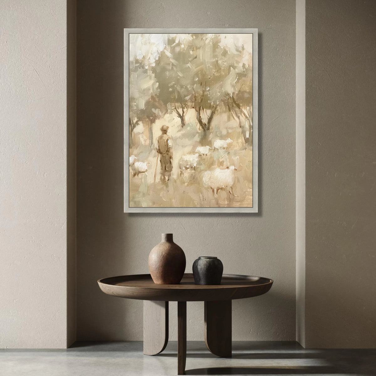 Shepherd with Sheep Soft Forest, Pastel Color Canvas Wall Art, Rustic Farm Scene Painting, Country Life Decor, Nature Canvas Print Art