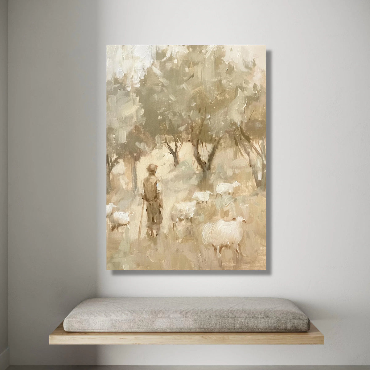 Shepherd with Sheep Soft Forest, Pastel Color Canvas Wall Art, Rustic Farm Scene Painting, Country Life Decor, Nature Canvas Print Art