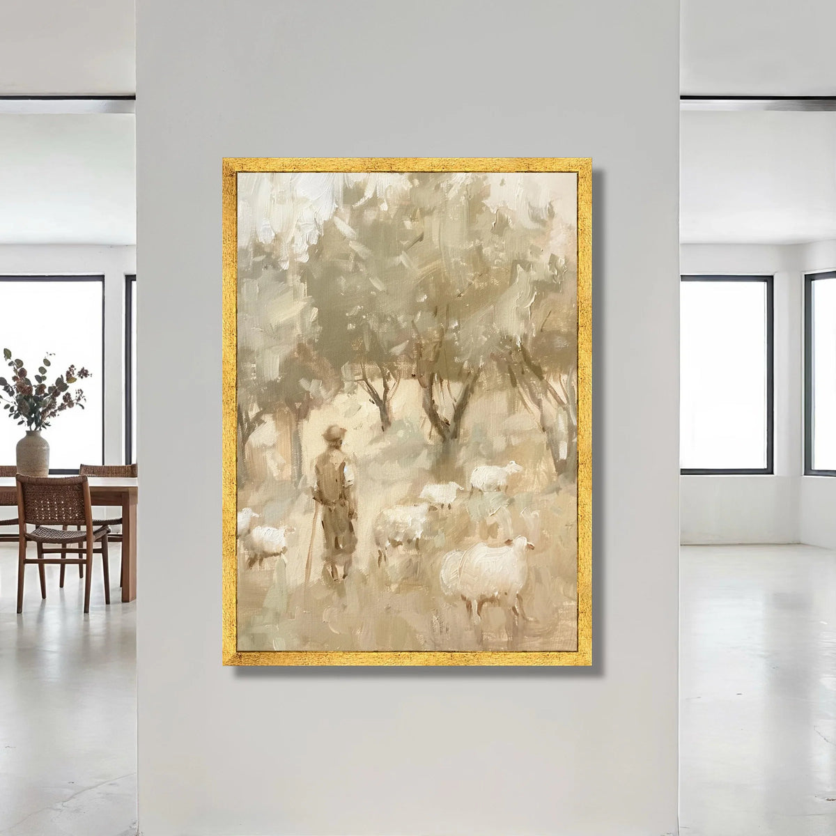 Shepherd with Sheep Soft Forest, Pastel Color Canvas Wall Art, Rustic Farm Scene Painting, Country Life Decor, Nature Canvas Print Art