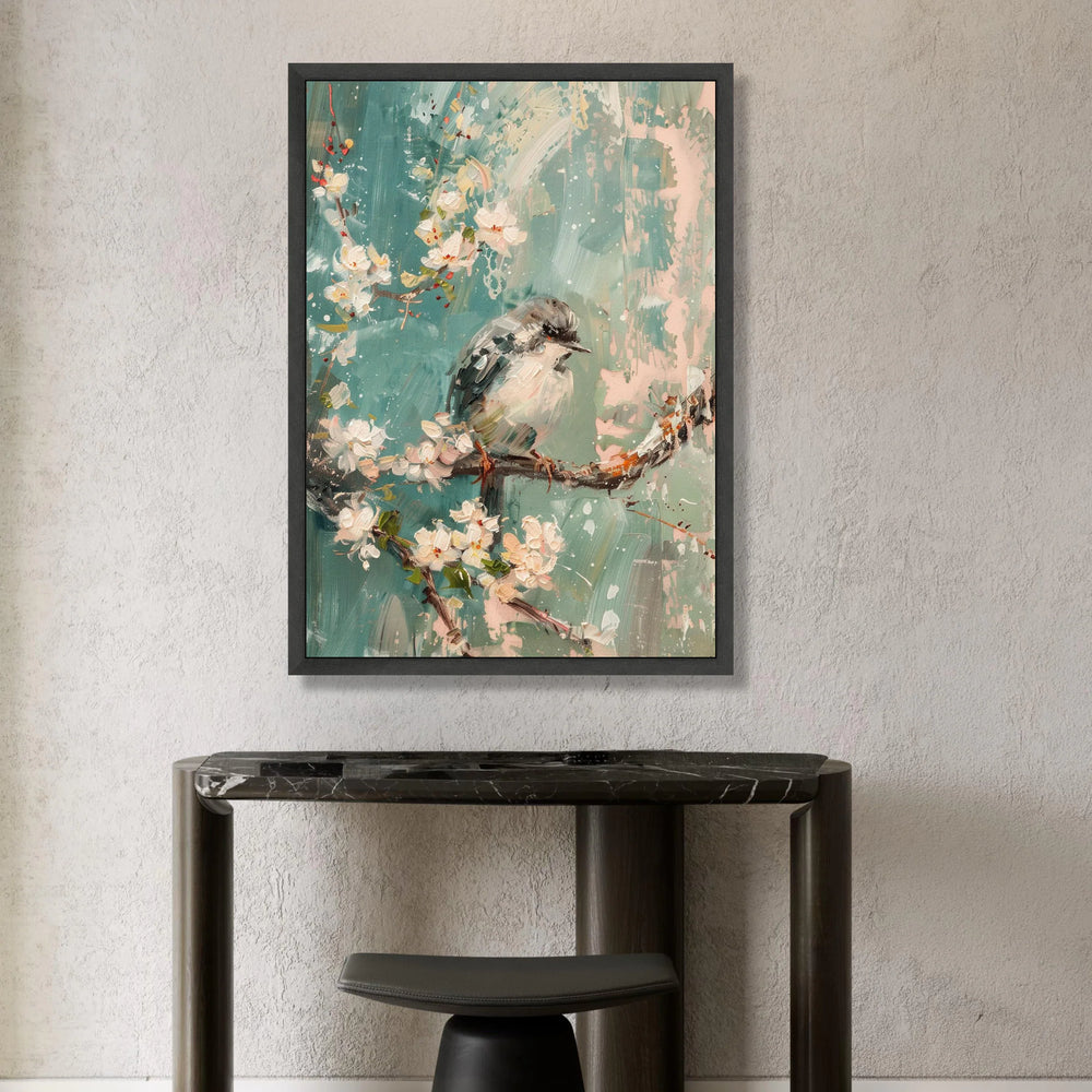 Soft Blue Songbird Canvas, Cherry Blossom Wall Art, Spring Floral Canvas, Nature Bird Painting, Home Decor Canvas Wall Art Canvas Print Art
