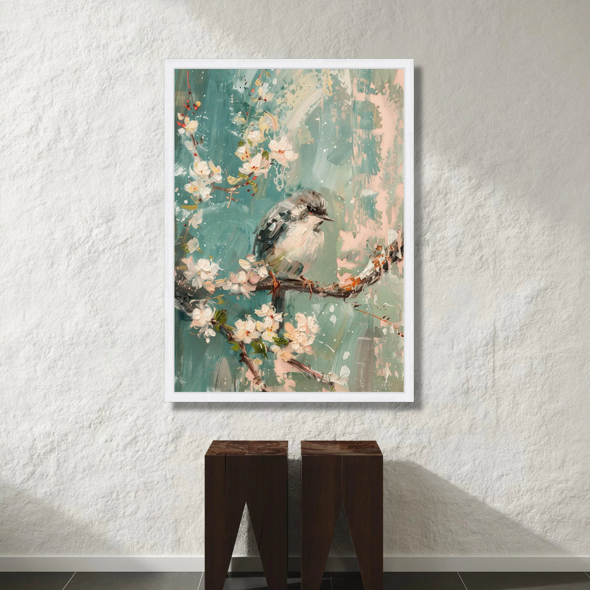 Soft Blue Songbird Canvas, Cherry Blossom Wall Art, Spring Floral Canvas, Nature Bird Painting, Home Decor Canvas Wall Art Canvas Print Art