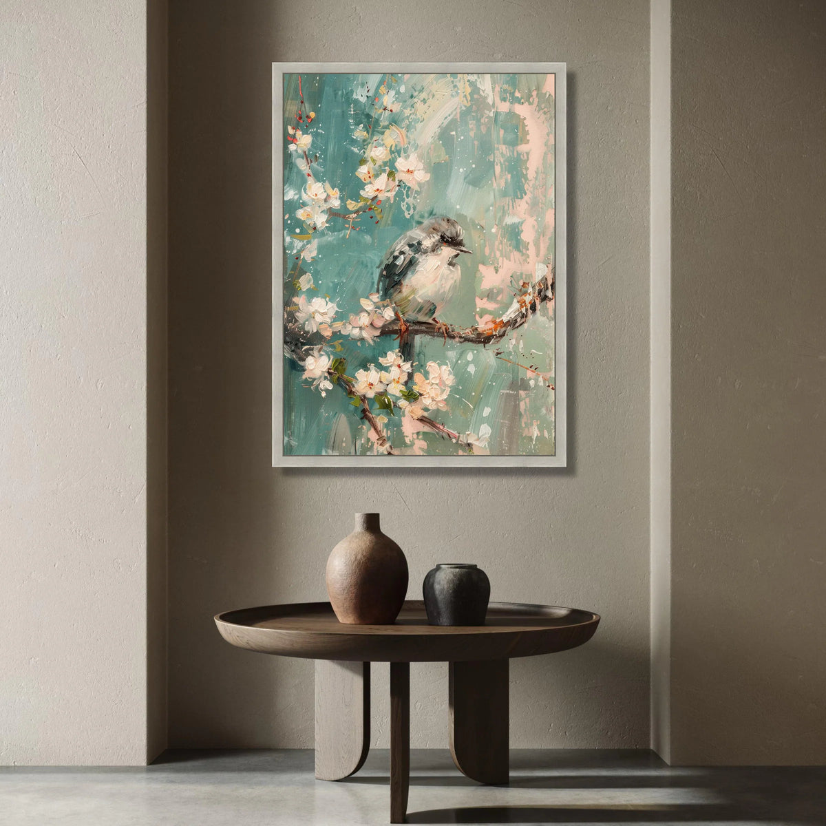 Soft Blue Songbird Canvas, Cherry Blossom Wall Art, Spring Floral Canvas, Nature Bird Painting, Home Decor Canvas Wall Art Canvas Print Art