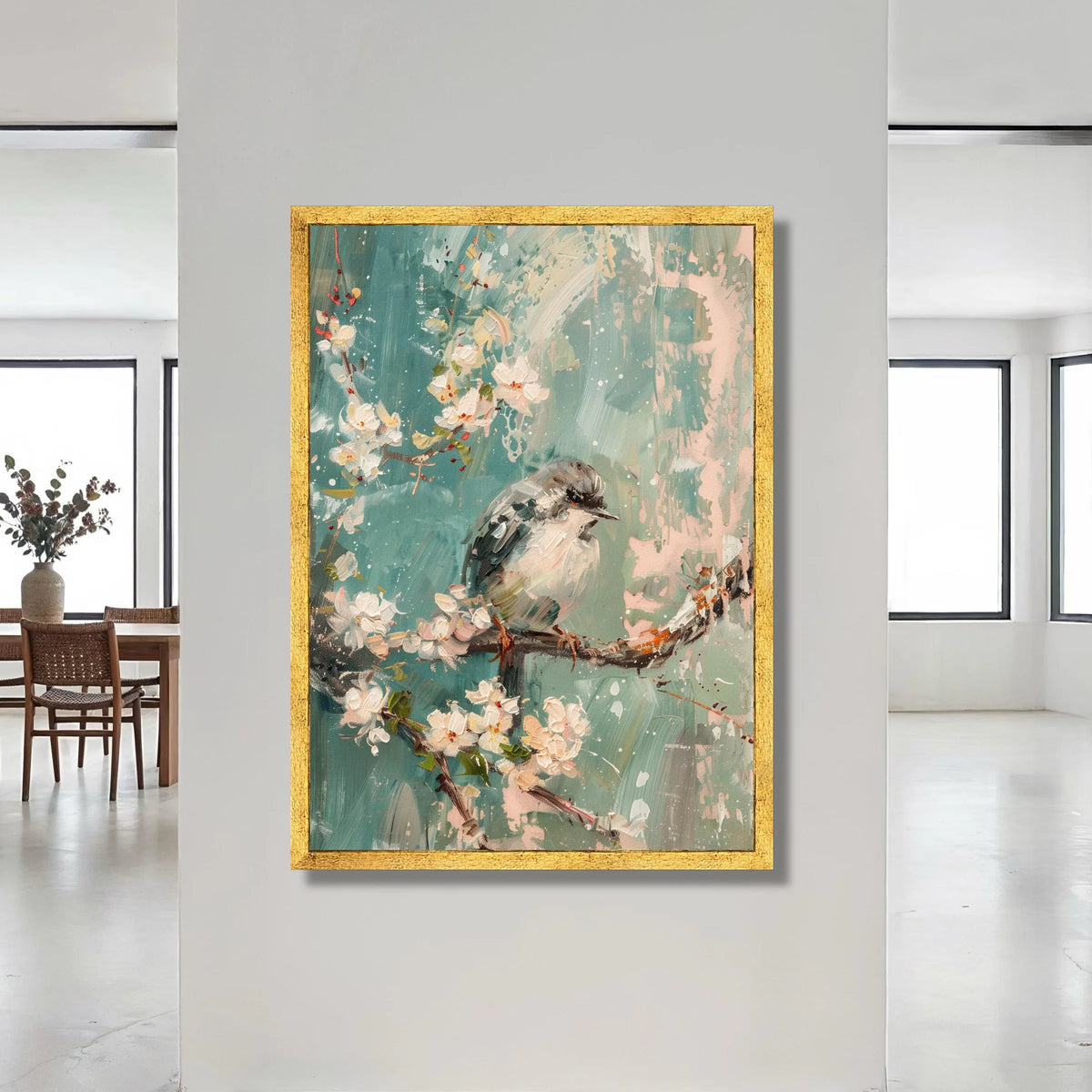 Soft Blue Songbird Canvas, Cherry Blossom Wall Art, Spring Floral Canvas, Nature Bird Painting, Home Decor Canvas Wall Art Canvas Print Art
