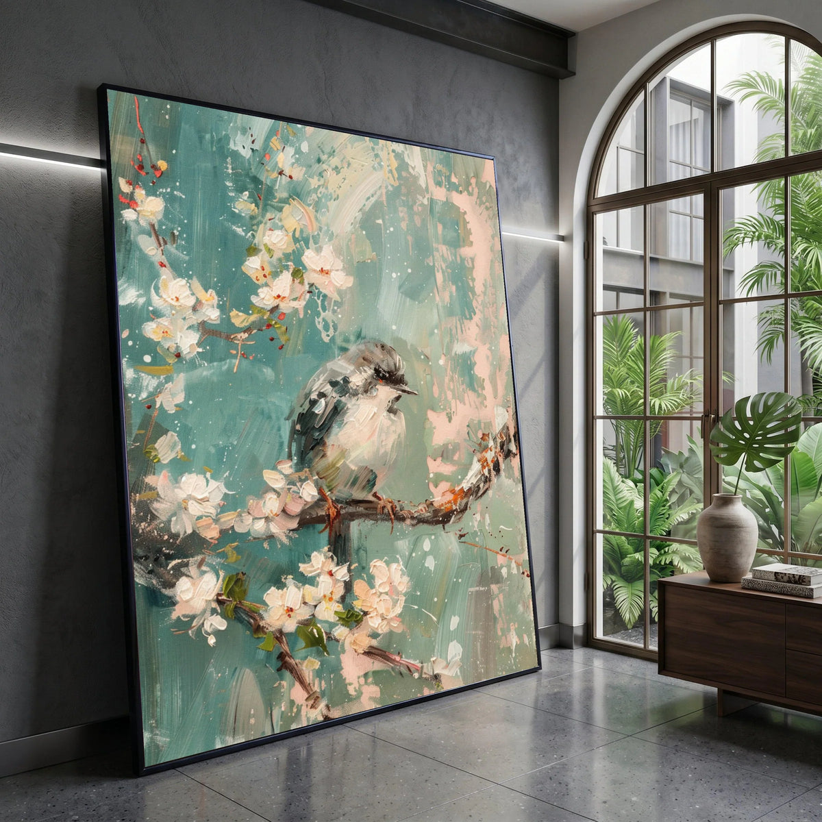 Soft Blue Songbird Canvas, Cherry Blossom Wall Art, Spring Floral Canvas, Nature Bird Painting, Home Decor Canvas Wall Art Canvas Print Art