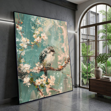 Soft Blue Songbird Canvas, Cherry Blossom Wall Art, Spring Floral Canvas, Nature Bird Painting, Home Decor Canvas Wall Art Canvas Print Art