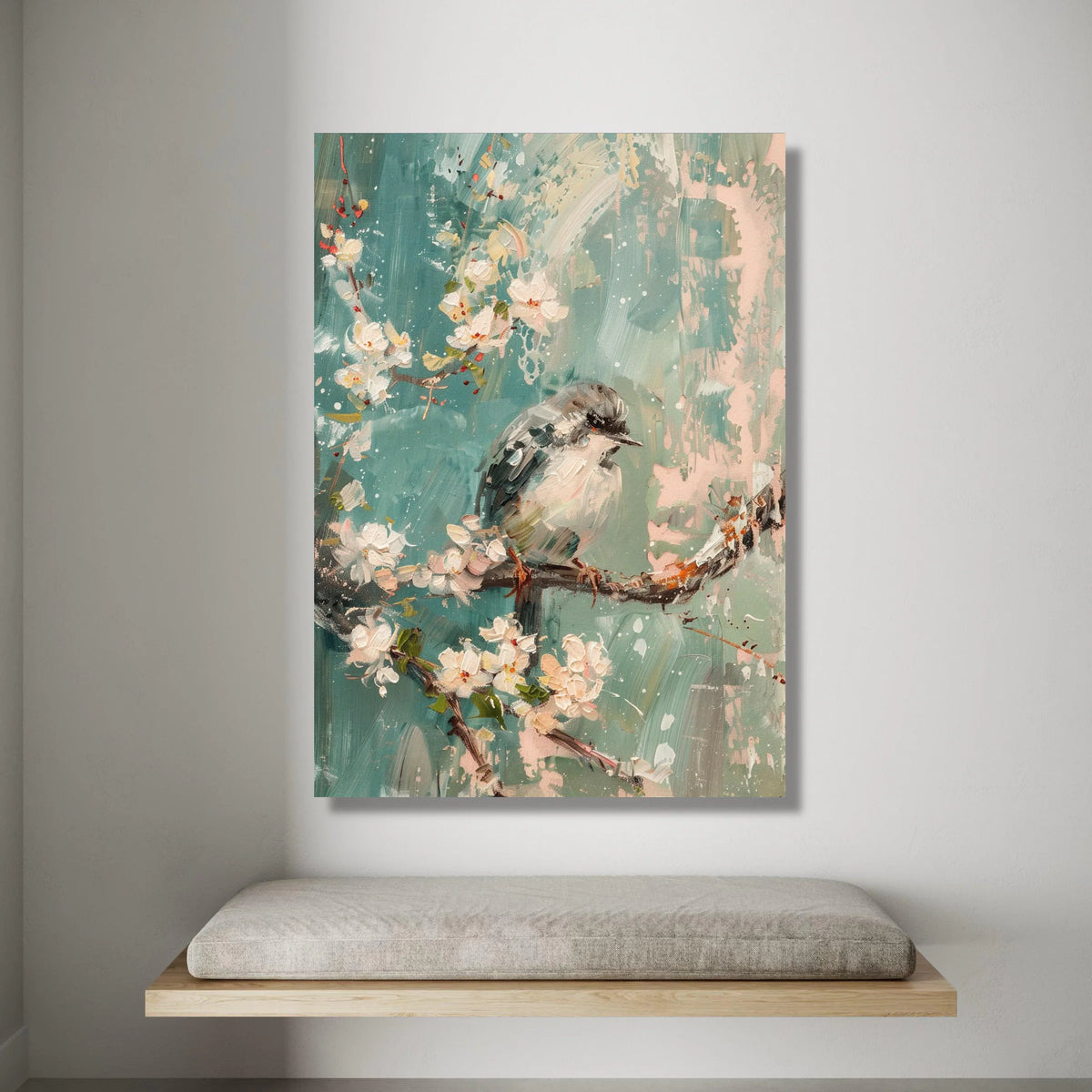Soft Blue Songbird Canvas, Cherry Blossom Wall Art, Spring Floral Canvas, Nature Bird Painting, Home Decor Canvas Wall Art Canvas Print Art