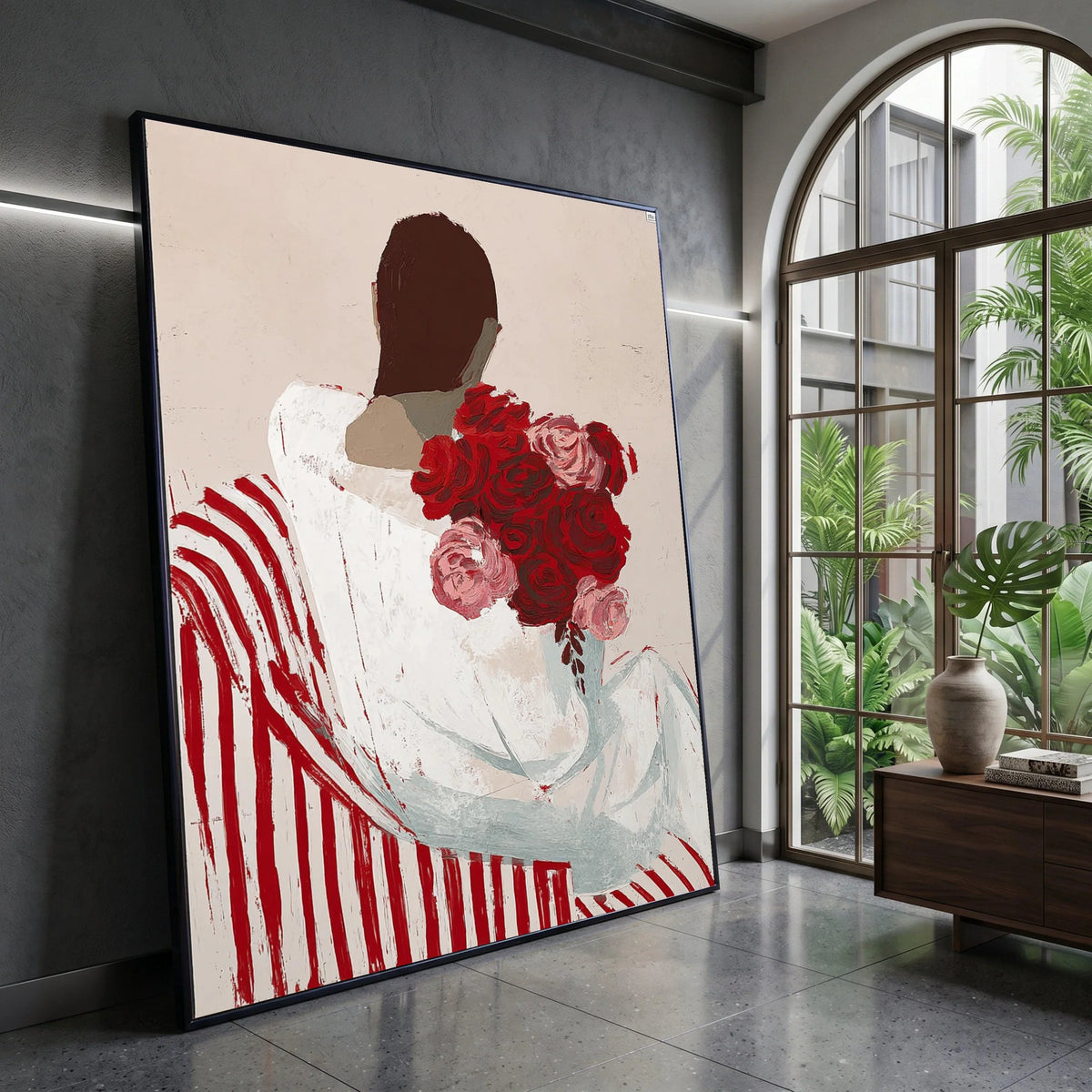 Woman with Red Roses Bouquet Canvas, Modern Floral Art, Abstract Figure Painting, Striped Chair Wall Decor, Contemporary Canvas Print Art