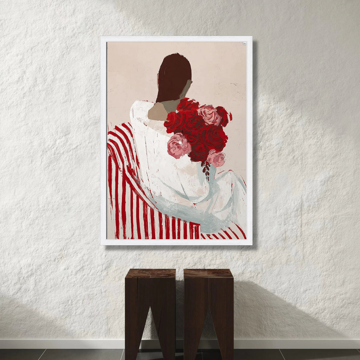 Woman with Red Roses Bouquet Canvas, Modern Floral Art, Abstract Figure Painting, Striped Chair Wall Decor, Contemporary Canvas Print Art