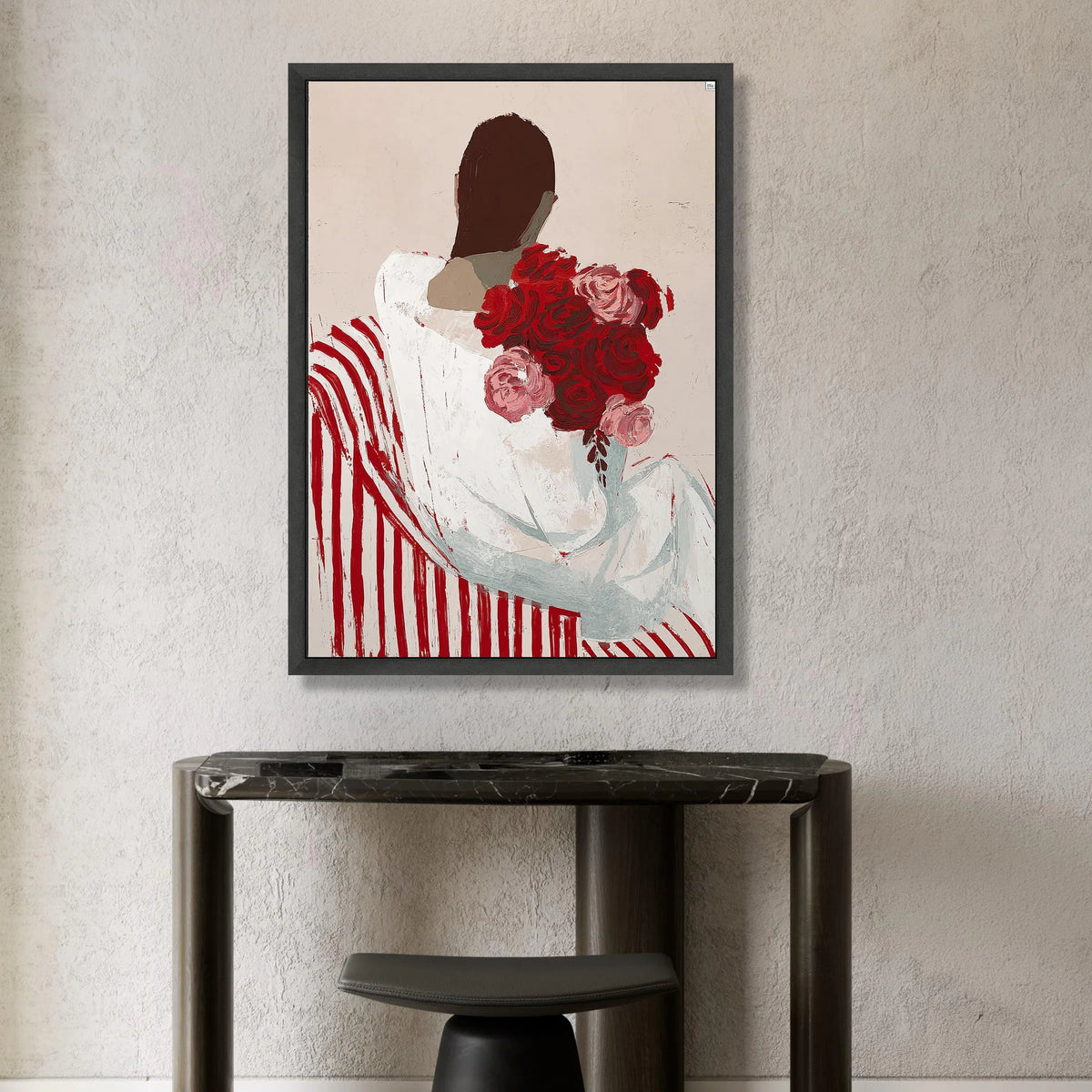 Woman with Red Roses Bouquet Canvas, Modern Floral Art, Abstract Figure Painting, Striped Chair Wall Decor, Contemporary Canvas Print Art