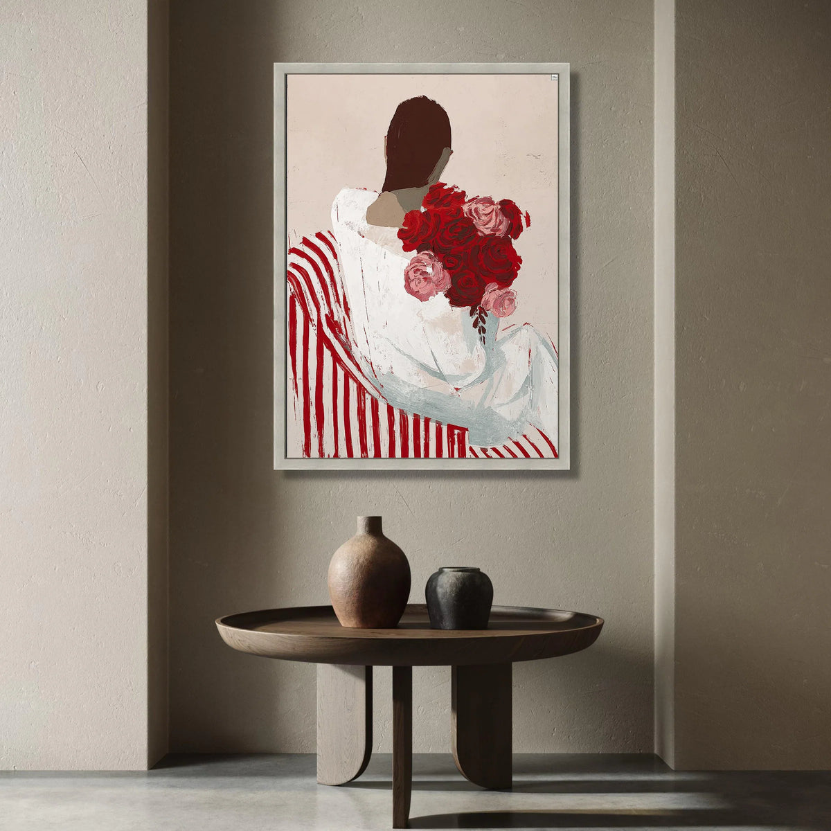 Woman with Red Roses Bouquet Canvas, Modern Floral Art, Abstract Figure Painting, Striped Chair Wall Decor, Contemporary Canvas Print Art