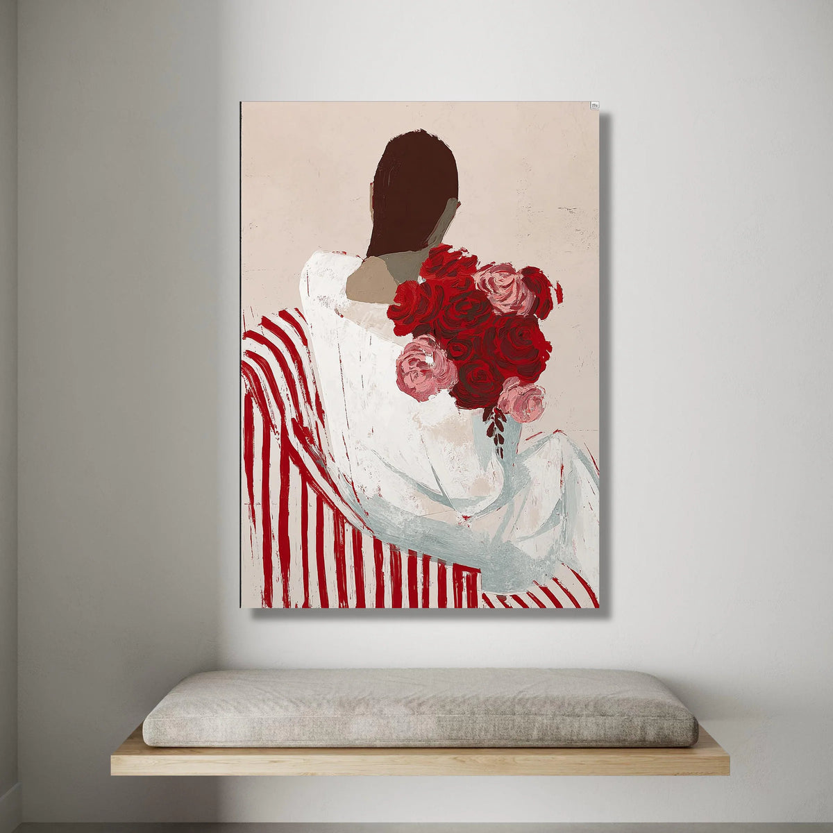 Woman with Red Roses Bouquet Canvas, Modern Floral Art, Abstract Figure Painting, Striped Chair Wall Decor, Contemporary Canvas Print Art