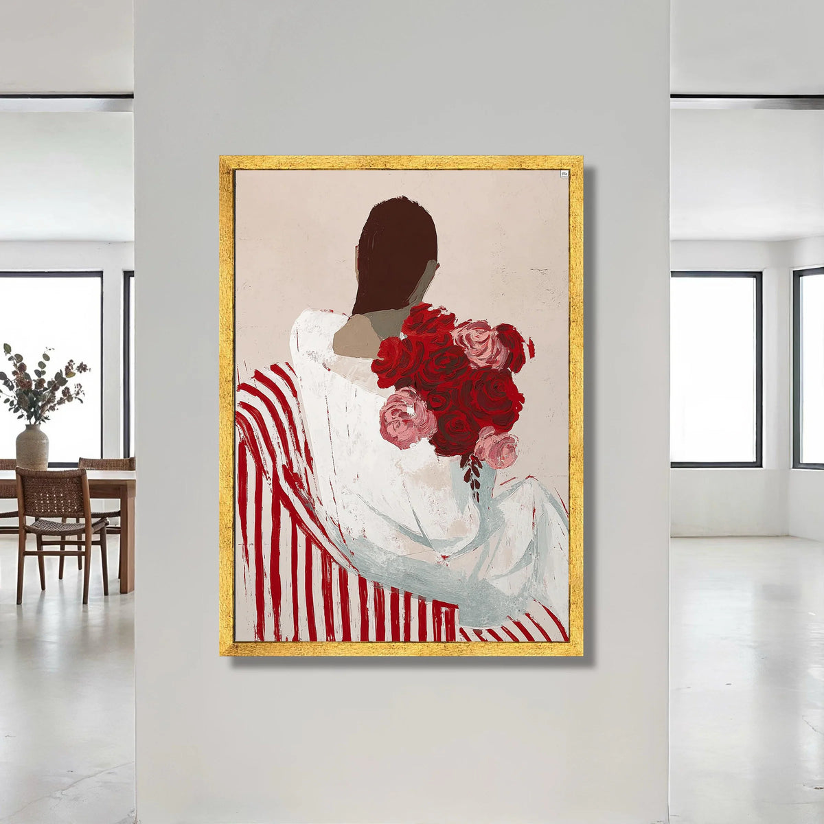 Woman with Red Roses Bouquet Canvas, Modern Floral Art, Abstract Figure Painting, Striped Chair Wall Decor, Contemporary Canvas Print Art