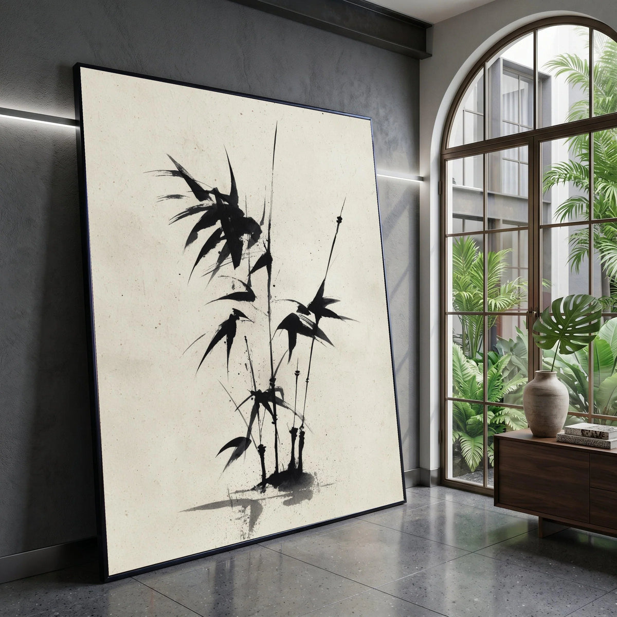 Minimalist Bamboo Stalks Canvas, Asian Ink Brush Art, Black and White Wall Decor, Zen Botanical Canvas, Modern Nature Canvas Print Art