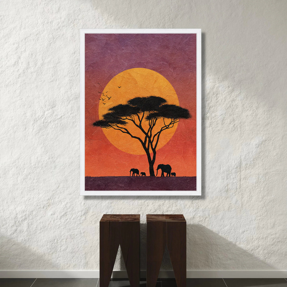 African Sunset Canvas, Silhouette Acacia Tree Wall Art, Elephant Family Canvas, Wildlife Nature Scene, Vibrant Landscape Canvas Print Art