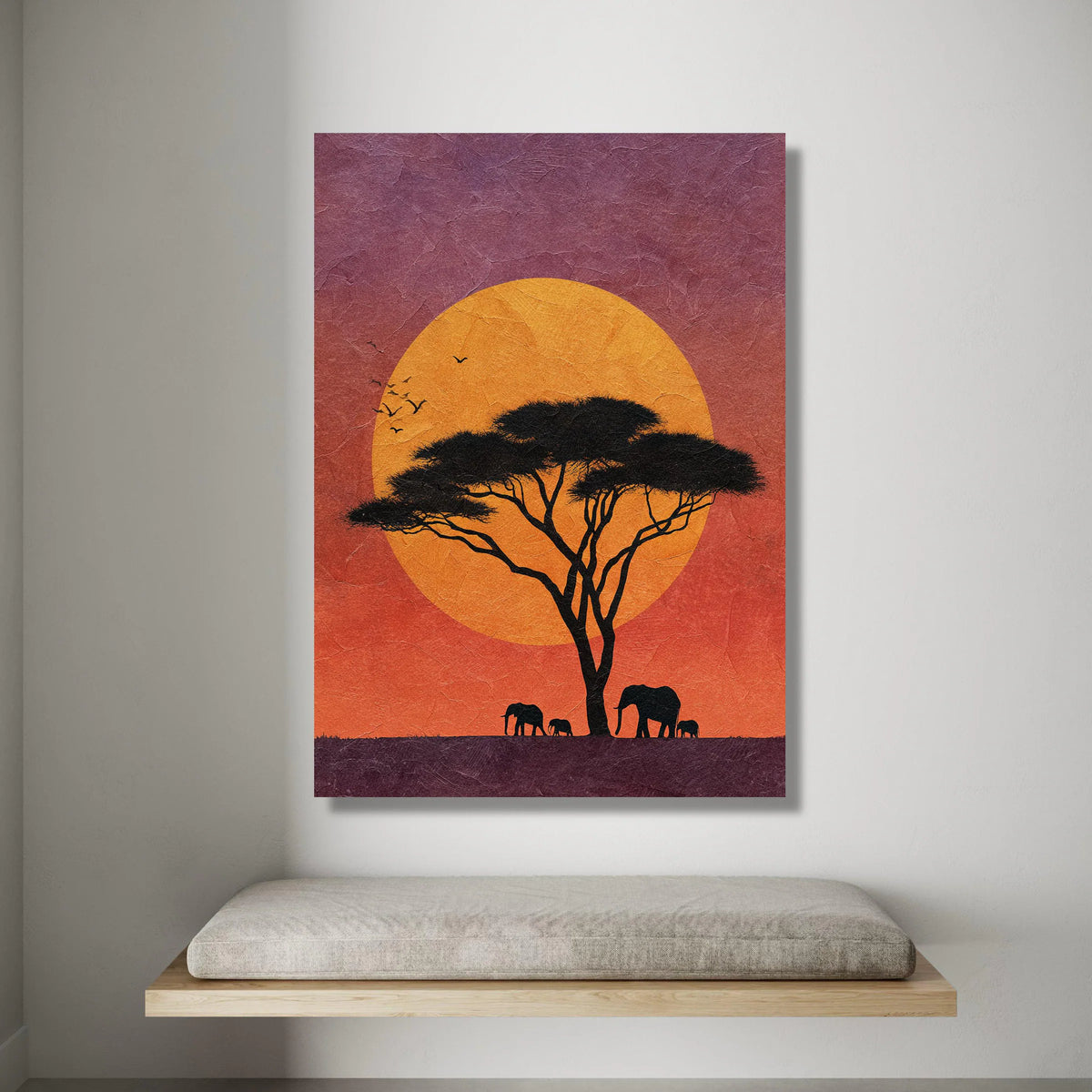 African Sunset Canvas, Silhouette Acacia Tree Wall Art, Elephant Family Canvas, Wildlife Nature Scene, Vibrant Landscape Canvas Print Art
