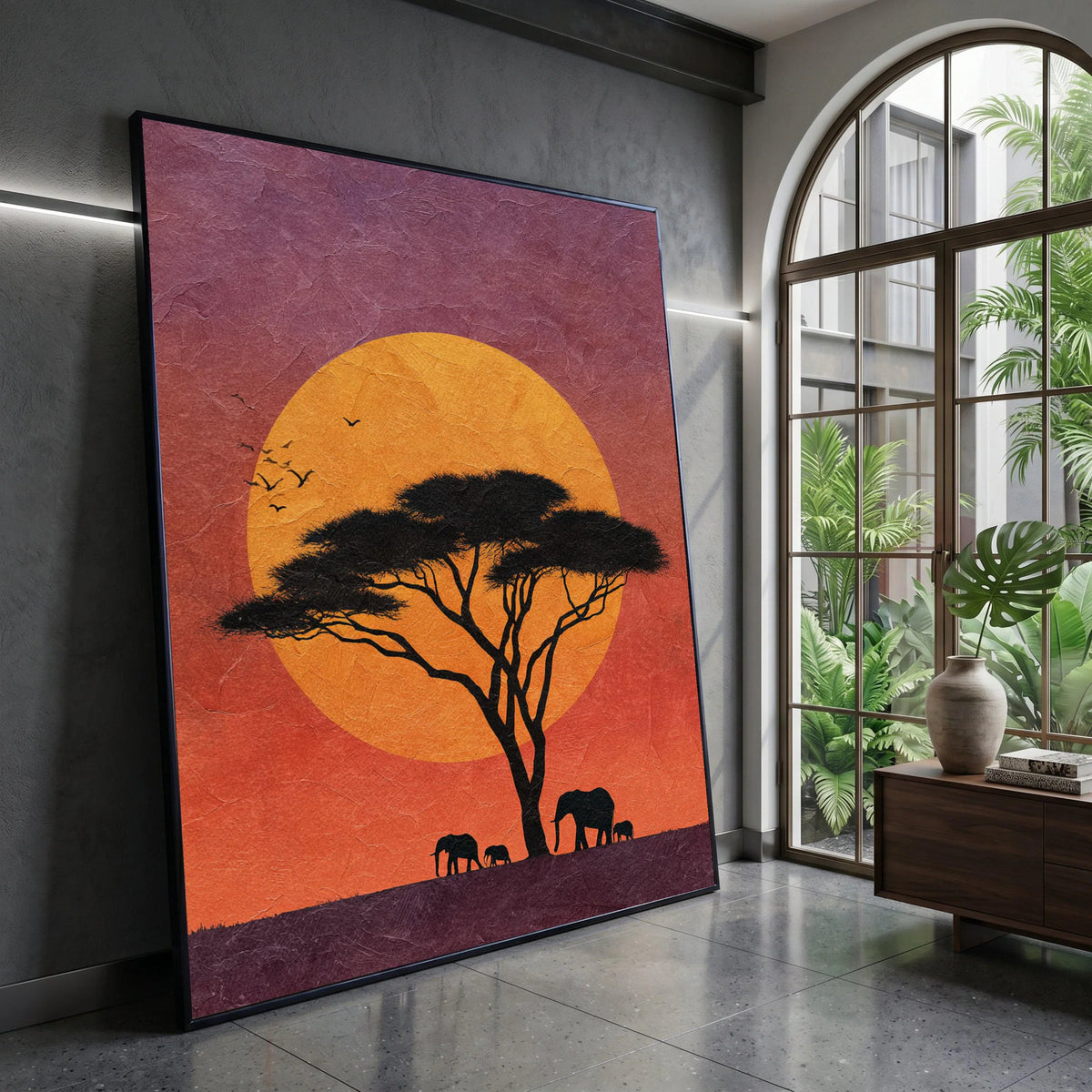 African Sunset Canvas, Silhouette Acacia Tree Wall Art, Elephant Family Canvas, Wildlife Nature Scene, Vibrant Landscape Canvas Print Art