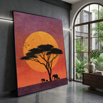 African Sunset Canvas, Silhouette Acacia Tree Wall Art, Elephant Family Canvas, Wildlife Nature Scene, Vibrant Landscape Canvas Print Art