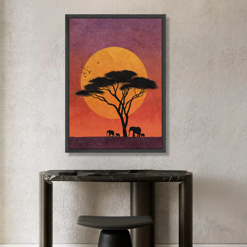African Sunset Canvas, Silhouette Acacia Tree Wall Art, Elephant Family Canvas, Wildlife Nature Scene, Vibrant Landscape Canvas Print Art