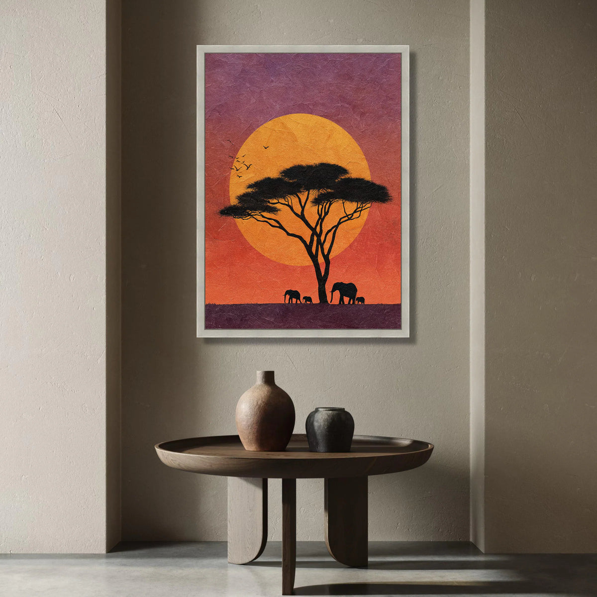 African Sunset Canvas, Silhouette Acacia Tree Wall Art, Elephant Family Canvas, Wildlife Nature Scene, Vibrant Landscape Canvas Print Art