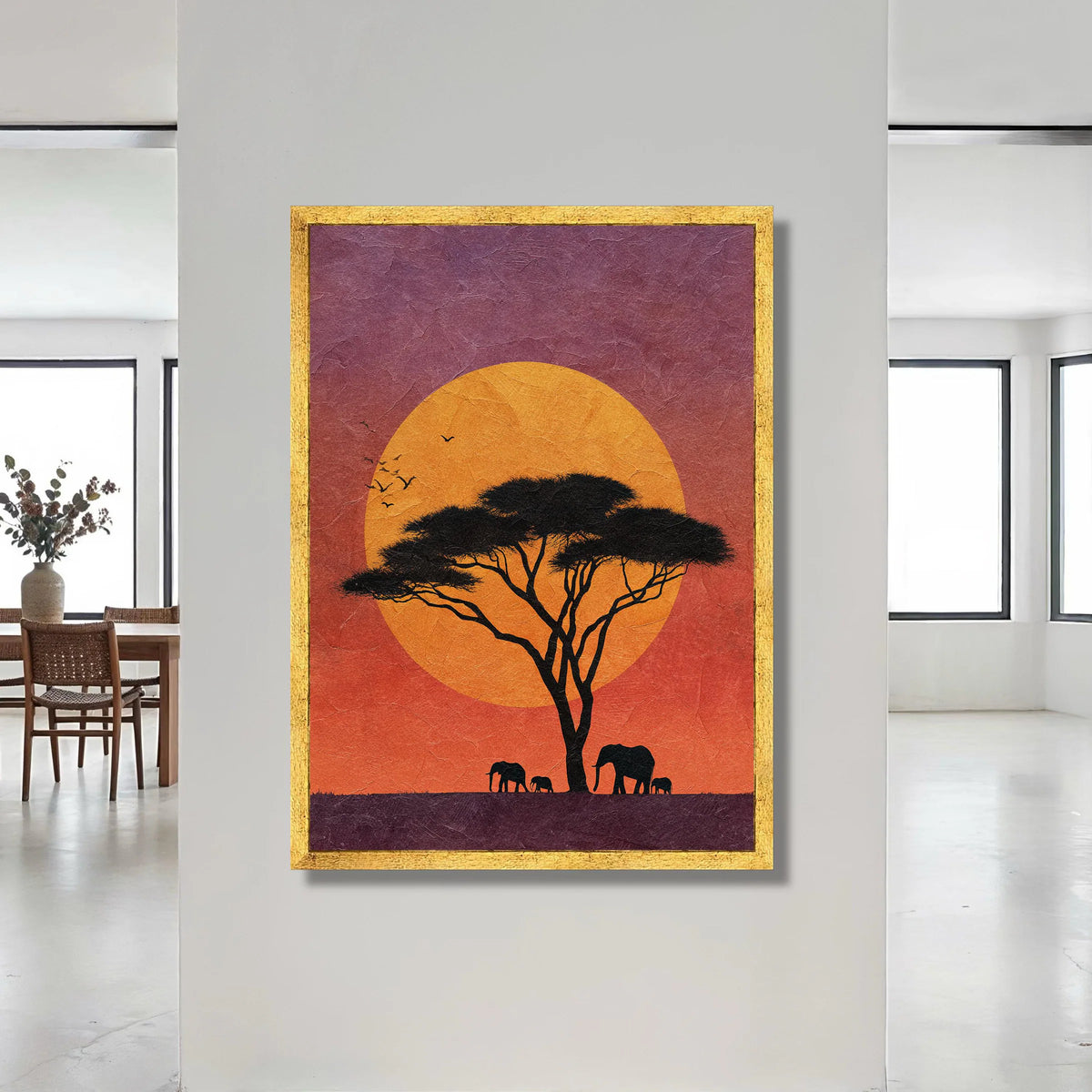 African Sunset Canvas, Silhouette Acacia Tree Wall Art, Elephant Family Canvas, Wildlife Nature Scene, Vibrant Landscape Canvas Print Art