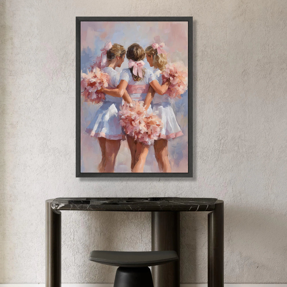 Cheerful Cheerleader Trio Canvas, Soft Pastel Wall Art, Friendship Celebration Canvas, Pink Floral Pom Poms, Sports Team Canvas Print Art