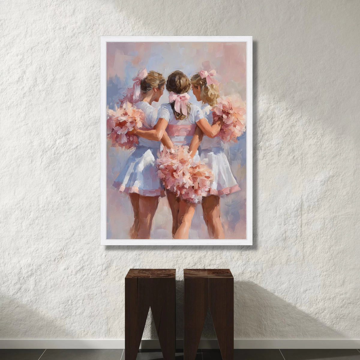 Cheerful Cheerleader Trio Canvas, Soft Pastel Wall Art, Friendship Celebration Canvas, Pink Floral Pom Poms, Sports Team Canvas Print Art