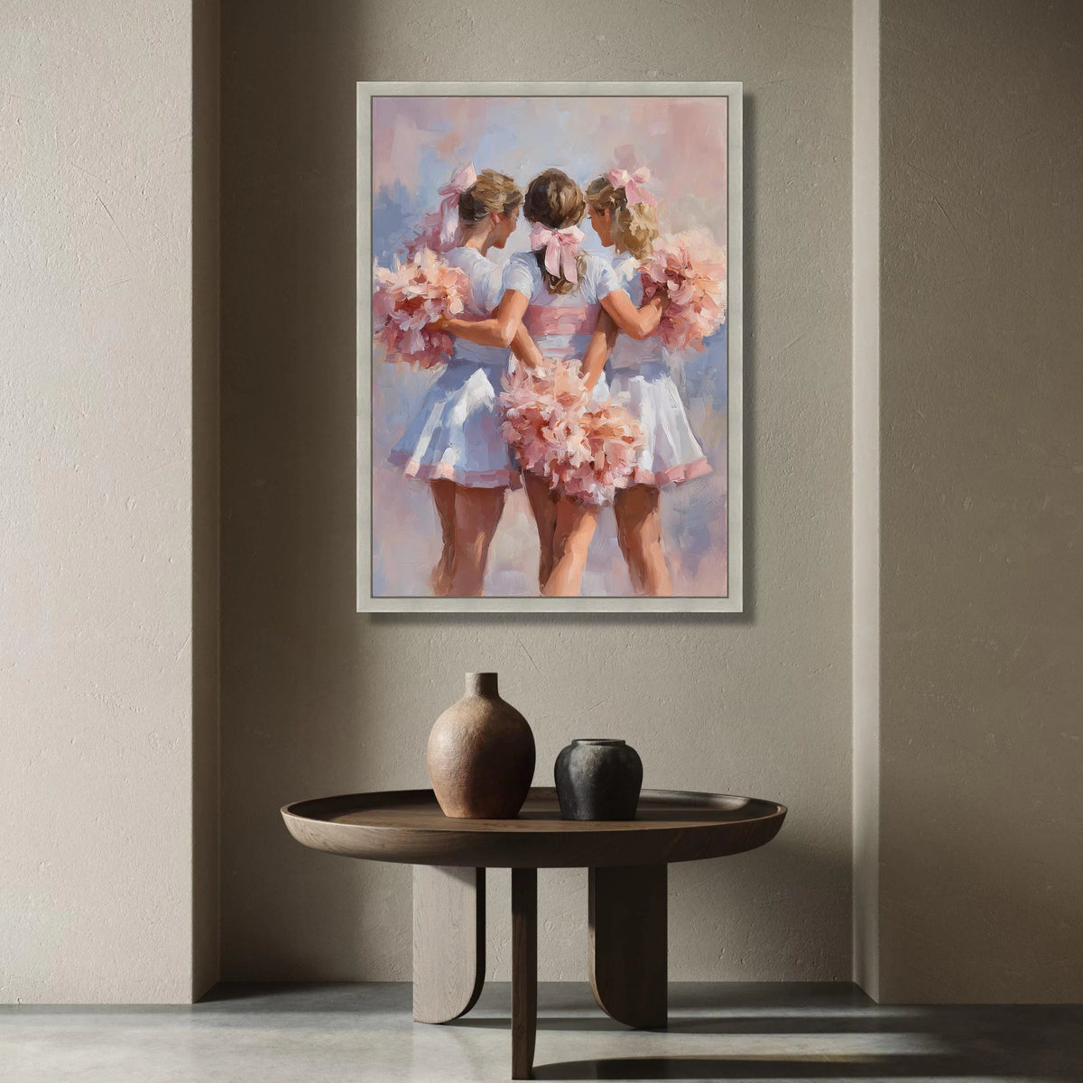 Cheerful Cheerleader Trio Canvas, Soft Pastel Wall Art, Friendship Celebration Canvas, Pink Floral Pom Poms, Sports Team Canvas Print Art