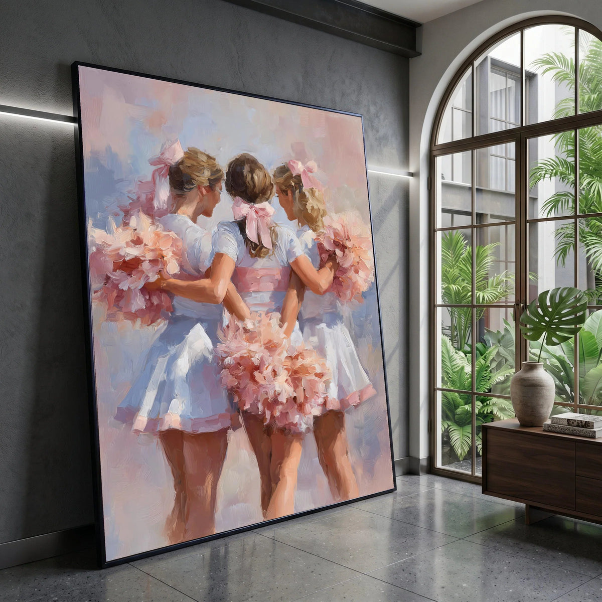 Cheerful Cheerleader Trio Canvas, Soft Pastel Wall Art, Friendship Celebration Canvas, Pink Floral Pom Poms, Sports Team Canvas Print Art