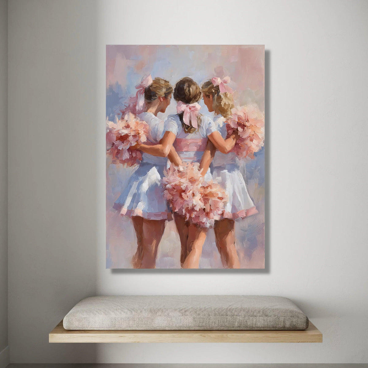 Cheerful Cheerleader Trio Canvas, Soft Pastel Wall Art, Friendship Celebration Canvas, Pink Floral Pom Poms, Sports Team Canvas Print Art