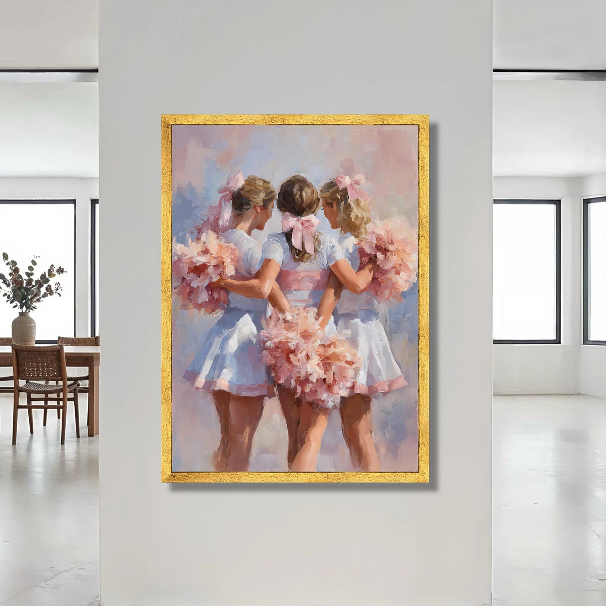 Cheerful Cheerleader Trio Canvas, Soft Pastel Wall Art, Friendship Celebration Canvas, Pink Floral Pom Poms, Sports Team Canvas Print Art