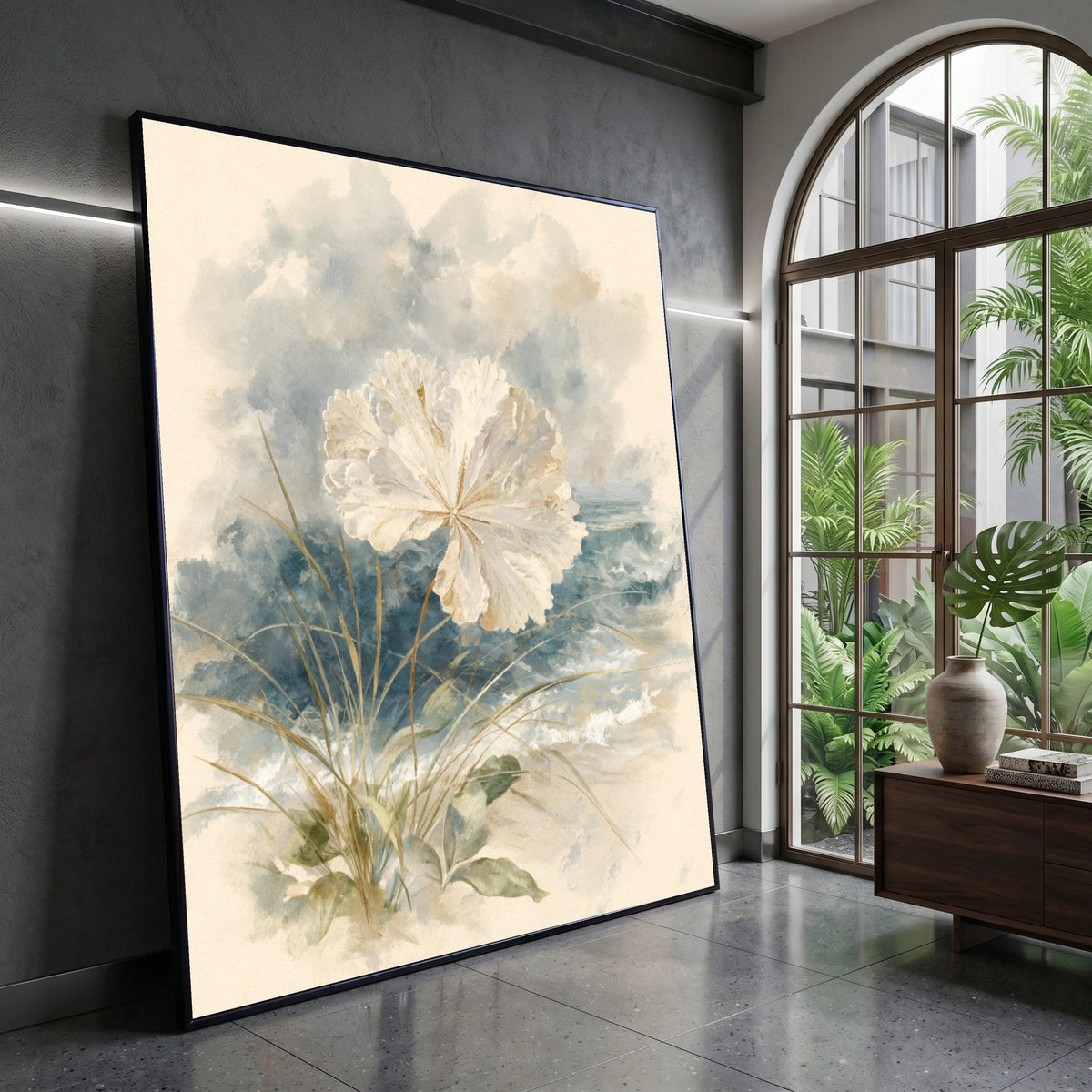 Coastal White Flower Canvas, Beach Grass Wall Art, Rustic Seaside Painting, Nature Botanical Print, Soft Blue Wave Canvas Canvas Print Art