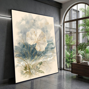 Coastal White Flower Canvas, Beach Grass Wall Art, Rustic Seaside Painting, Nature Botanical Print, Soft Blue Wave Canvas Canvas Print Art