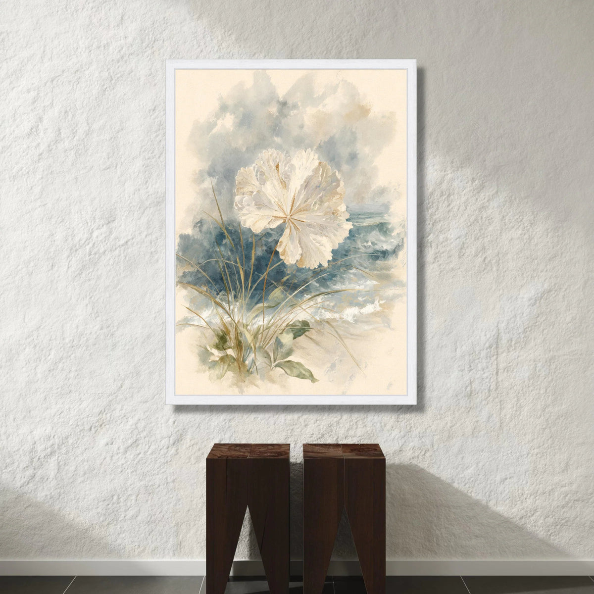 Coastal White Flower Canvas, Beach Grass Wall Art, Rustic Seaside Painting, Nature Botanical Print, Soft Blue Wave Canvas Canvas Print Art