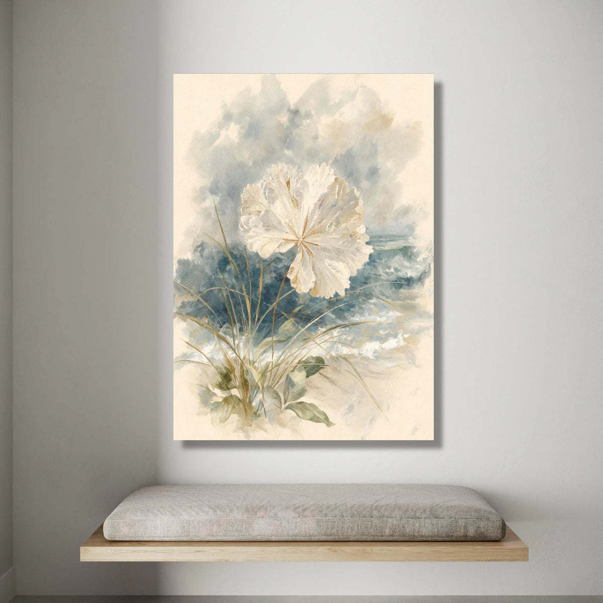 Coastal White Flower Canvas, Beach Grass Wall Art, Rustic Seaside Painting, Nature Botanical Print, Soft Blue Wave Canvas Canvas Print Art