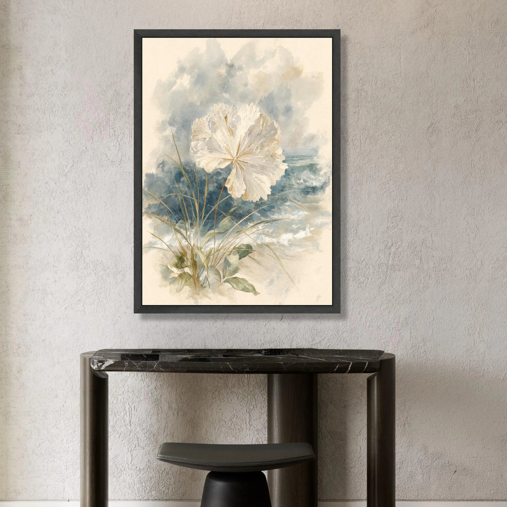 Coastal White Flower Canvas, Beach Grass Wall Art, Rustic Seaside Painting, Nature Botanical Print, Soft Blue Wave Canvas Canvas Print Art