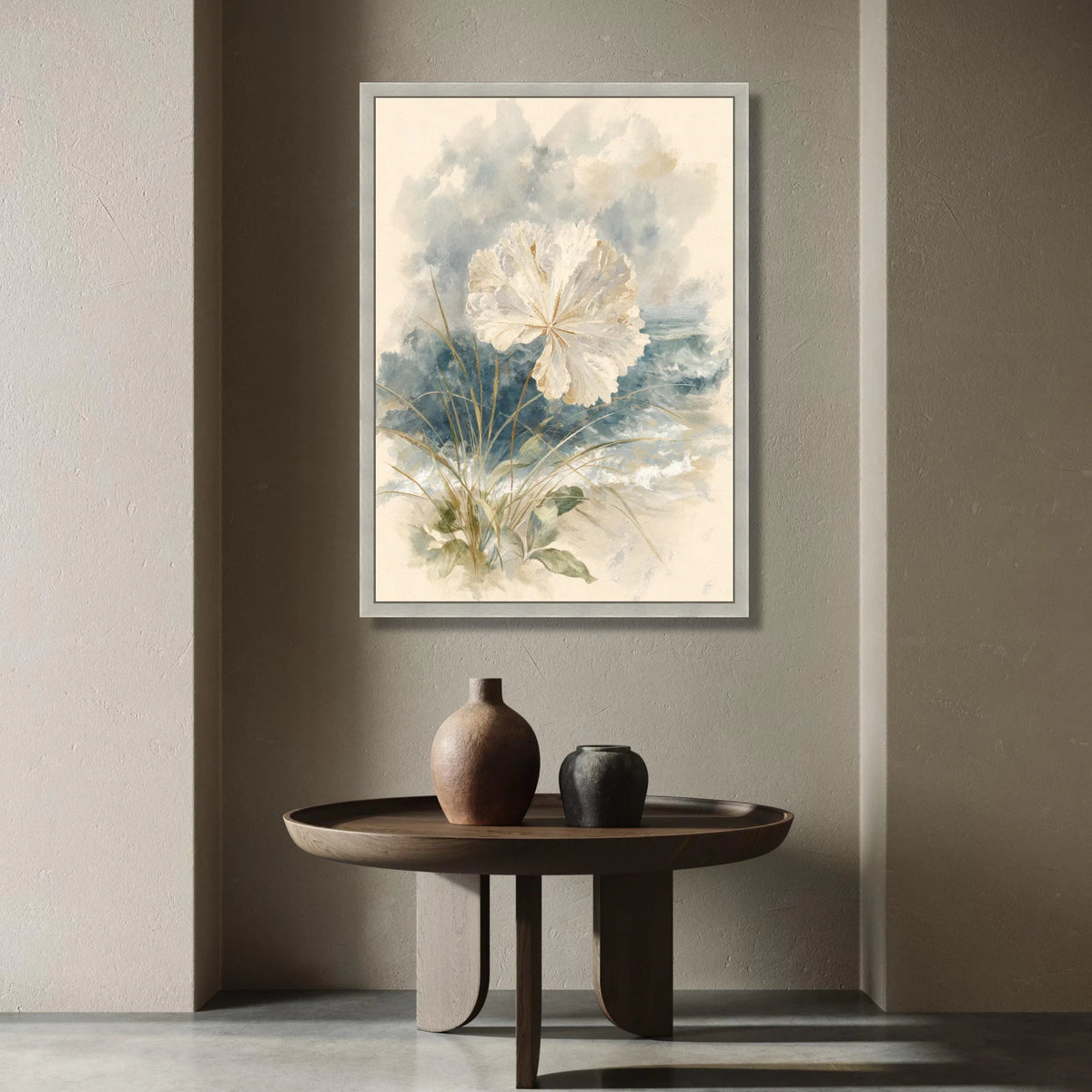 Coastal White Flower Canvas, Beach Grass Wall Art, Rustic Seaside Painting, Nature Botanical Print, Soft Blue Wave Canvas Canvas Print Art