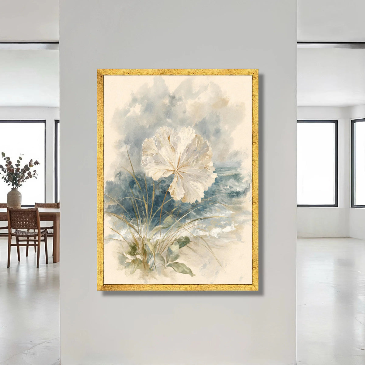 Coastal White Flower Canvas, Beach Grass Wall Art, Rustic Seaside Painting, Nature Botanical Print, Soft Blue Wave Canvas Canvas Print Art