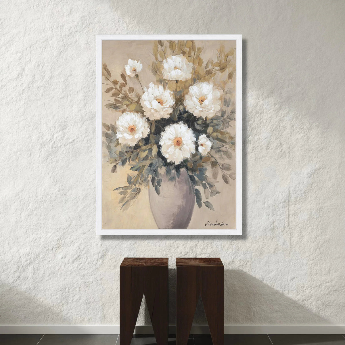Elegant White Flower Bouquet Canvas, Neutral Floral Wall Art, Rustic Vase Painting, Home Decor Canvas, Ready to Hang Canvas Print Art