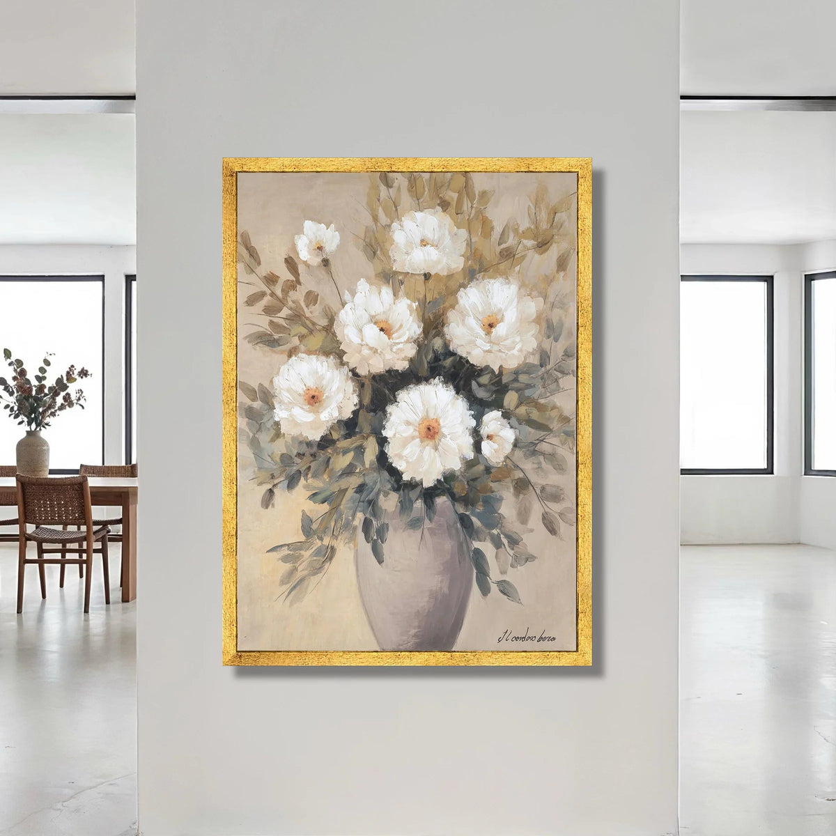 Elegant White Flower Bouquet Canvas, Neutral Floral Wall Art, Rustic Vase Painting, Home Decor Canvas, Ready to Hang Canvas Print Art