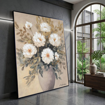 Elegant White Flower Bouquet Canvas, Neutral Floral Wall Art, Rustic Vase Painting, Home Decor Canvas, Ready to Hang Canvas Print Art