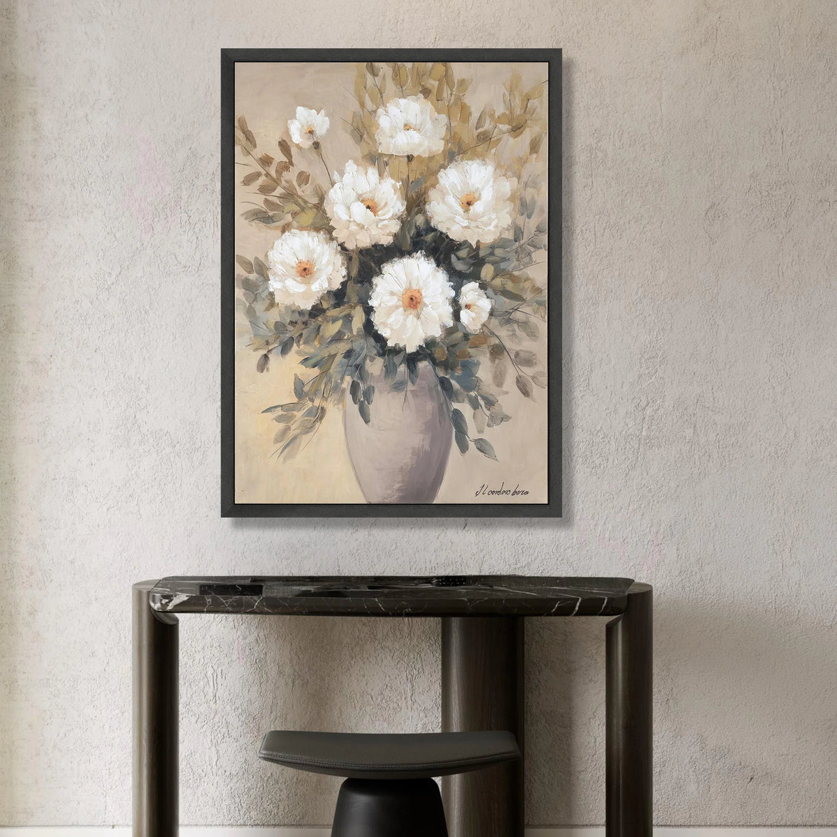 Elegant White Flower Bouquet Canvas, Neutral Floral Wall Art, Rustic Vase Painting, Home Decor Canvas, Ready to Hang Canvas Print Art