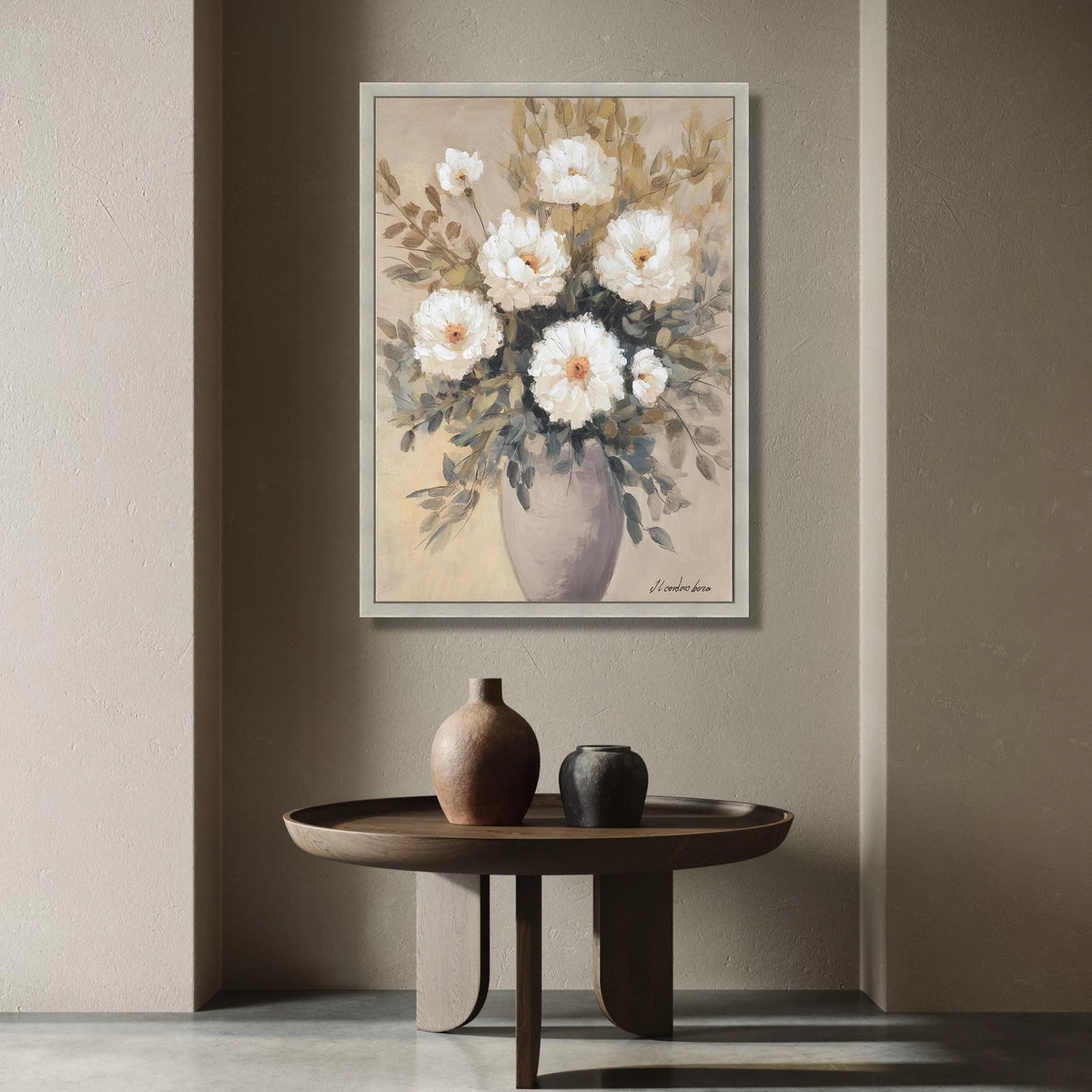 Elegant White Flower Bouquet Canvas, Neutral Floral Wall Art, Rustic Vase Painting, Home Decor Canvas, Ready to Hang Canvas Print Art