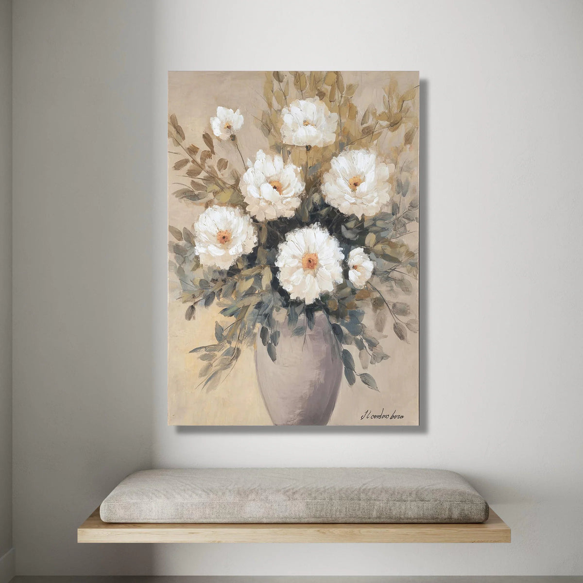 Elegant White Flower Bouquet Canvas, Neutral Floral Wall Art, Rustic Vase Painting, Home Decor Canvas, Ready to Hang Canvas Print Art