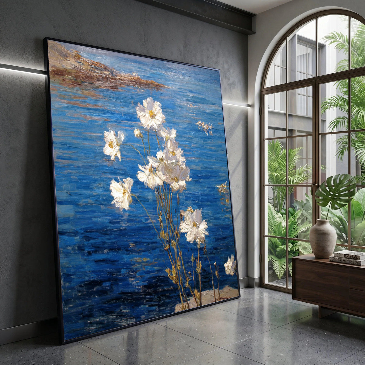 White Flowers by Blue Water Canvas, Floral Nature Wall Art, Garden Scene Painting, Botanical Canvas Decoration, Rustic Home Canvas Print Art