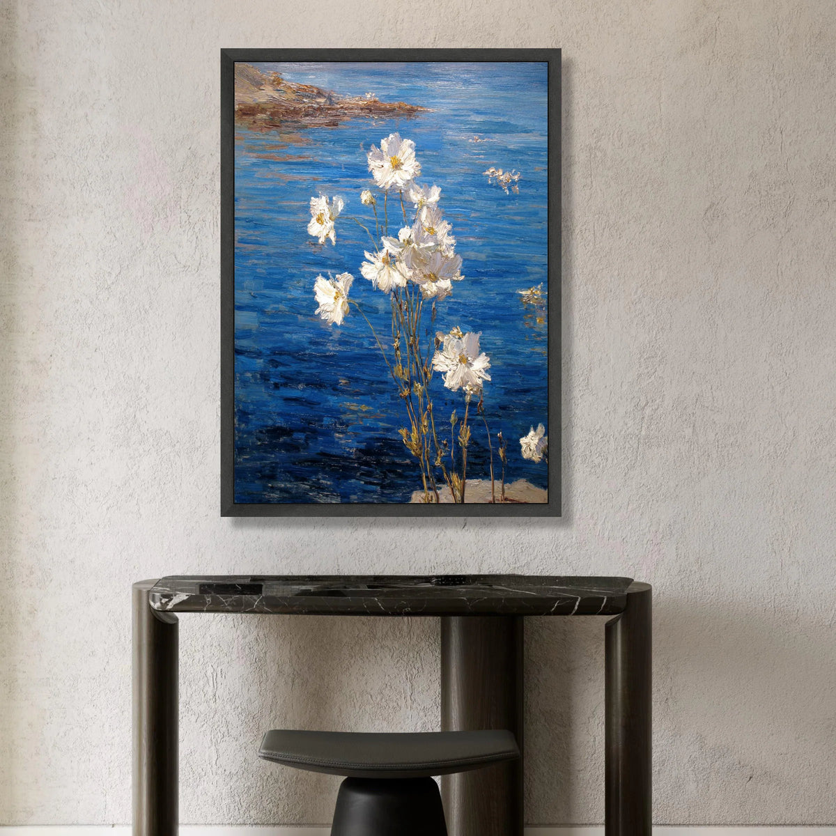 White Flowers by Blue Water Canvas, Floral Nature Wall Art, Garden Scene Painting, Botanical Canvas Decoration, Rustic Home Canvas Print Art