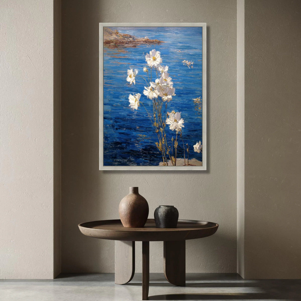 White Flowers by Blue Water Canvas, Floral Nature Wall Art, Garden Scene Painting, Botanical Canvas Decoration, Rustic Home Canvas Print Art