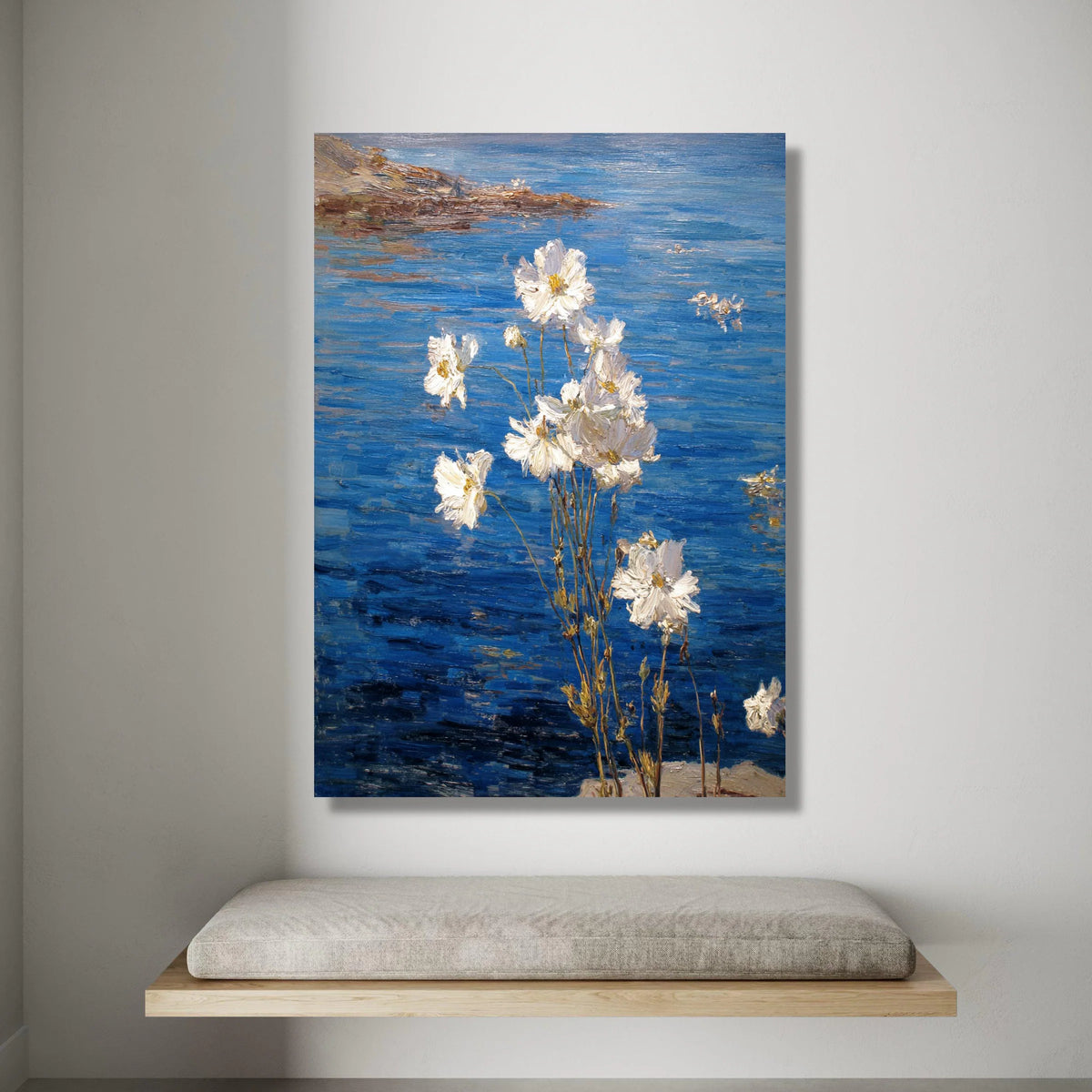 White Flowers by Blue Water Canvas, Floral Nature Wall Art, Garden Scene Painting, Botanical Canvas Decoration, Rustic Home Canvas Print Art