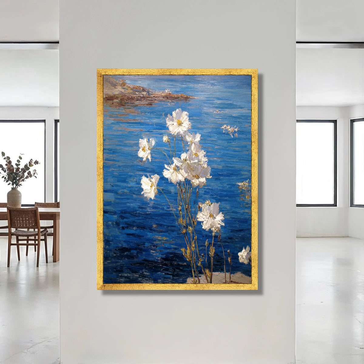 White Flowers by Blue Water Canvas, Floral Nature Wall Art, Garden Scene Painting, Botanical Canvas Decoration, Rustic Home Canvas Print Art