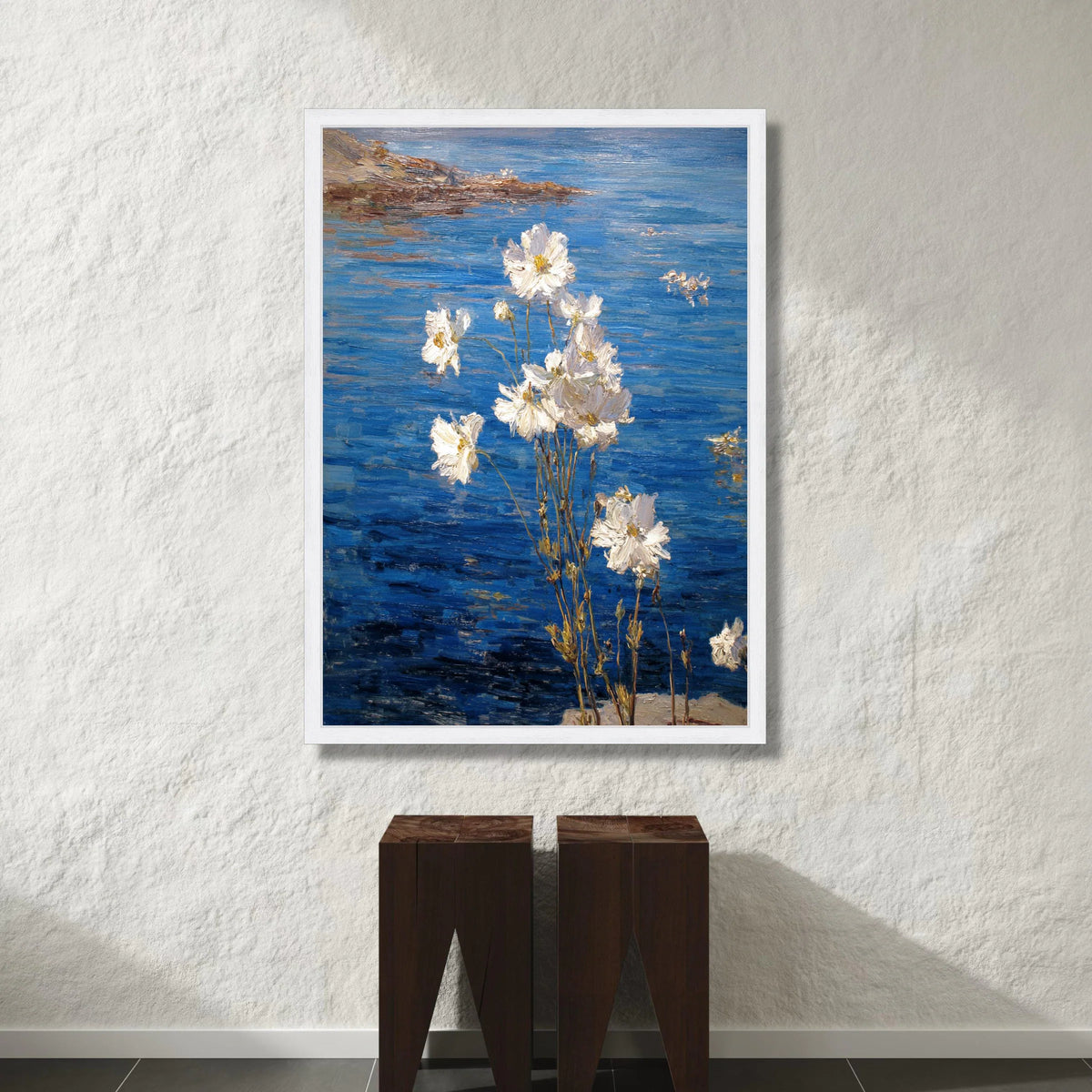 White Flowers by Blue Water Canvas, Floral Nature Wall Art, Garden Scene Painting, Botanical Canvas Decoration, Rustic Home Canvas Print Art