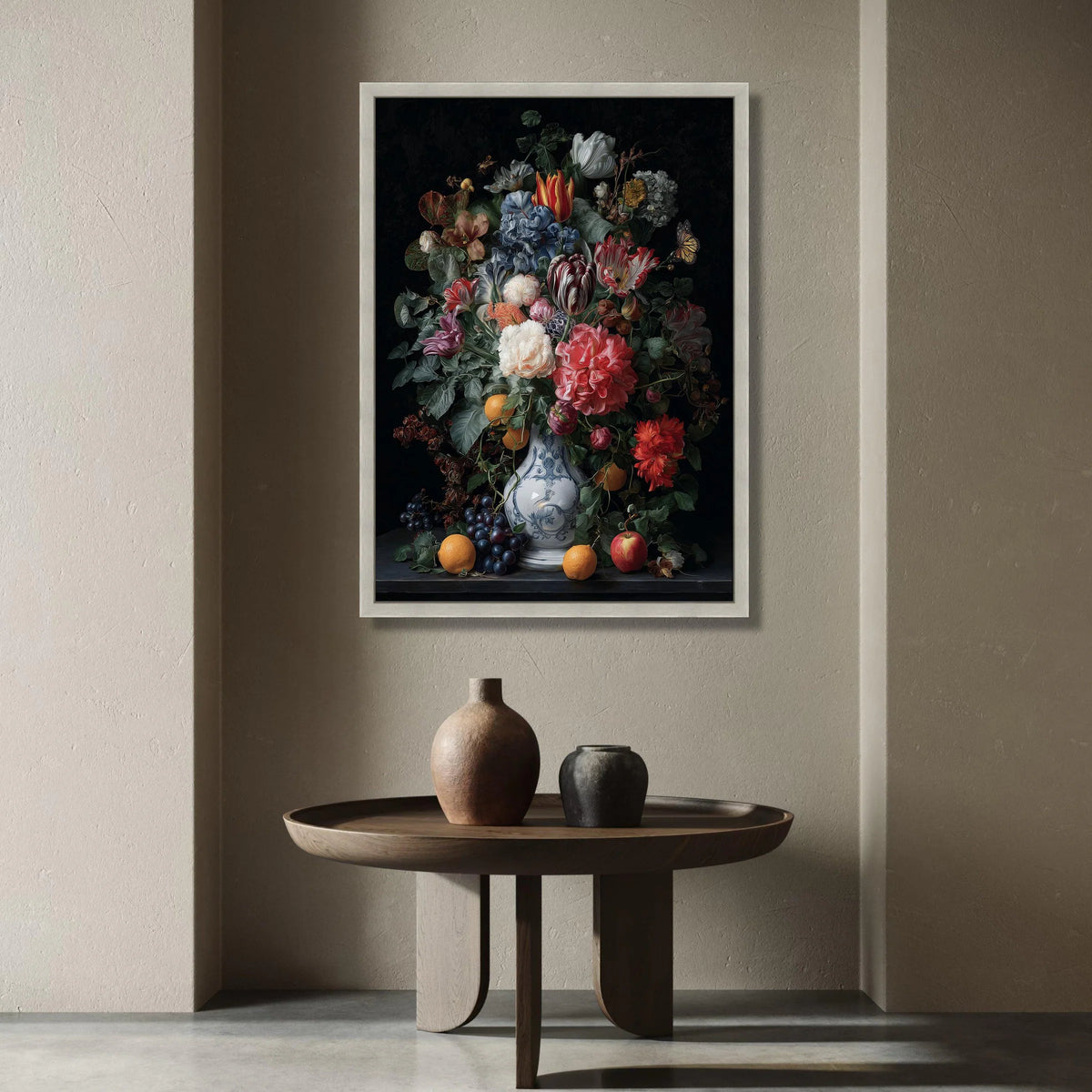 Classic Still Life Floral Bouquet Canvas, Vintage Vase Wall Art, Colorful Flowers and Fruit, Elegant Home Decoration Canvas Print Art